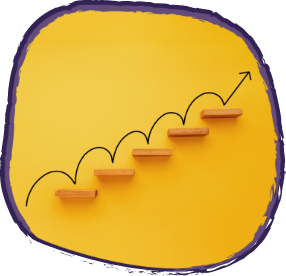Yellow steps with black cartoon arrow moving up them