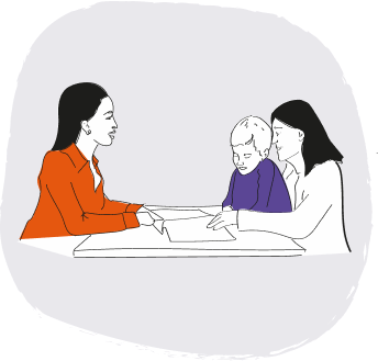 Consultant speaking to a parent and child with Hunter syndrome showing them resources