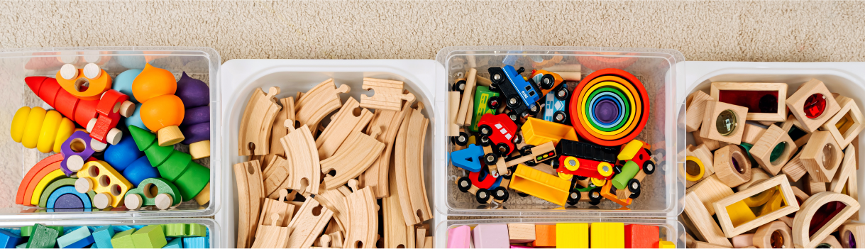 Toys organized into boxes